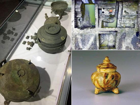 拼版图片，左：成都市青白江区大弯镇双元村发掘出土的青铜器；右上：成都市青龙街一工地发现的摩诃池西北角遗址；右下：邛窑精品邛三彩香炉。