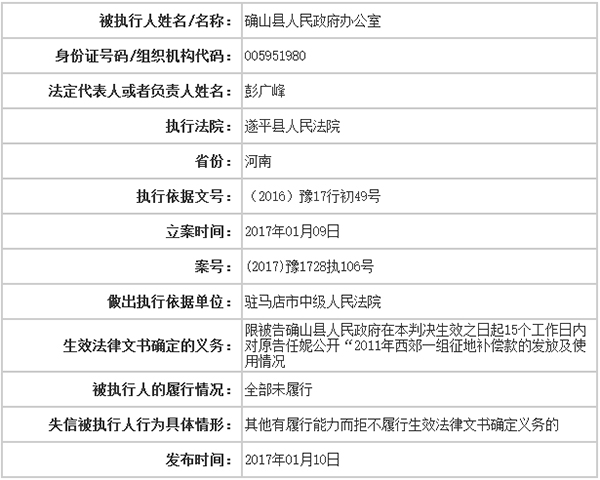 确山县政府拒不公开征地款去向被纳入全国失信被执行人名单 确山县政府拒不公开征地款去向被纳入全国失信被执行人名单