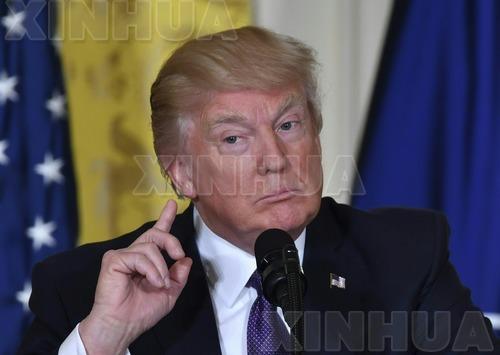 4月12日，在美国华盛顿，美国总统特朗普和到访的北约秘书长斯托尔滕贝格（未在画面中）举行联合新闻发布会时讲话。（新华社/法新）