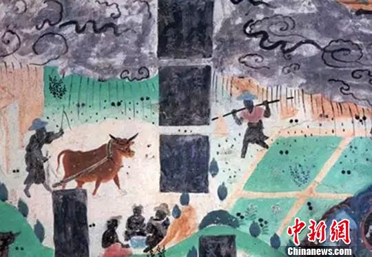 图为莫高窟23窟壁画雨中耕作(盛唐)。敦煌研究院供图 摄