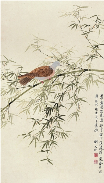 谢稚柳 绿竹斑鸠 85.5×49cm 无年款 北京画院藏 谢稚柳 绿竹斑鸠 85.5×49cm 无年款 北京画院藏