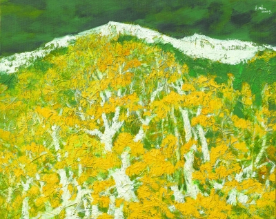 《桦林金秋》  (纸板贴布油画)  40厘米×50厘米 2010  闻立鹏 《桦林金秋》  (纸板贴布油画)  40厘米×50厘米 2010  闻立鹏