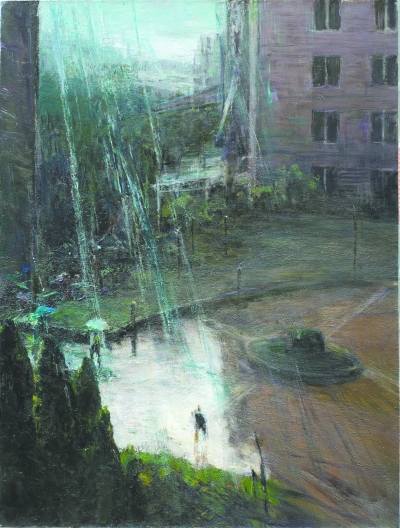 《楼间急雨》  (布面油画)  120厘米×90厘米 2014  钟涵 《楼间急雨》  (布面油画)  120厘米×90厘米 2014  钟涵