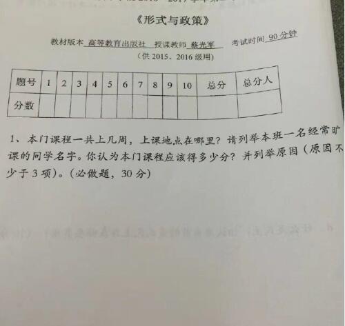 高校现考题列举1名常旷课同学 网友:这是送命题