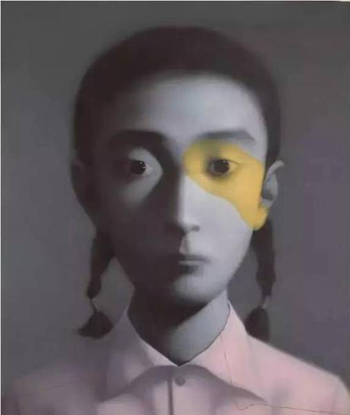 张晓刚，《穿粉红色衬衣的女孩》，布面油画，200 x 160cm，2006年