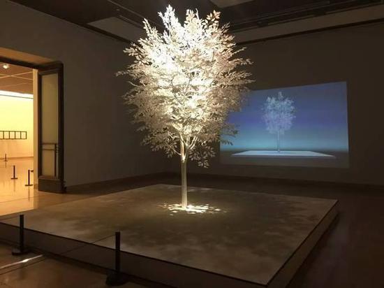 唐勇，《平衡》，树、工业纤维、黑线、树脂、互动设备，长2.4米、宽4.2米、高3.6米，2016