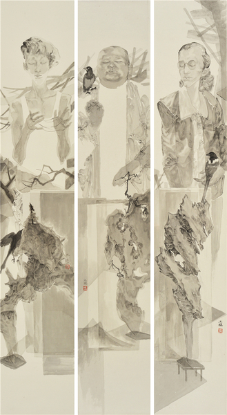 王鹏程《观景系列》180x33cmx3纸本水墨2016年