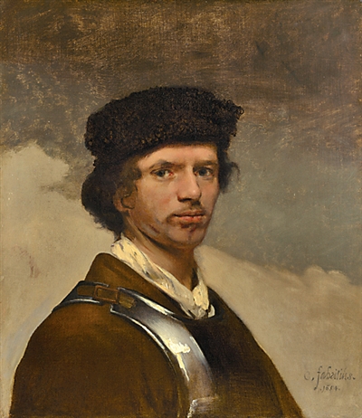 《戴毛帽穿胸甲的年轻男子(可能是自画像)》