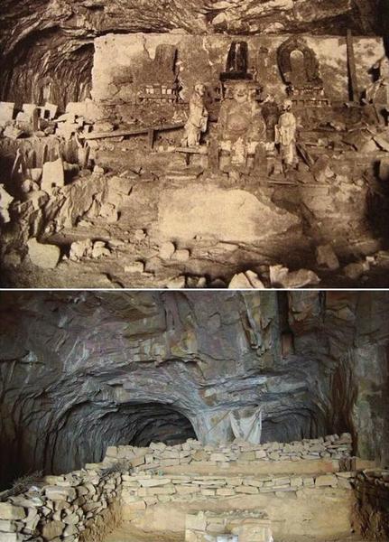 睒子洞。上图为帕金斯基1912年拍摄，下图Eileen Hsiang-Ling Hsu博士2008年拍摄。