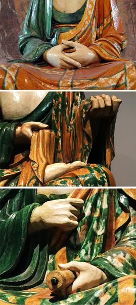 罗汉像手部局部。分别收藏于大英博物馆、大都会（年轻和老的罗汉）。