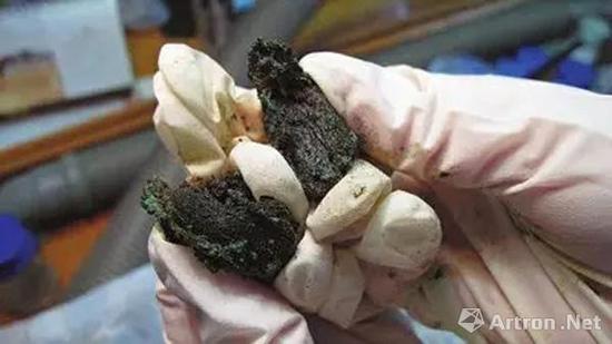 　　考古人员拿出一块掰开，结果发现里面有白色的弹性肌腱膜和一根一根的肉丝。经过几个月不断的测试，最终鉴定为黄牛肉。