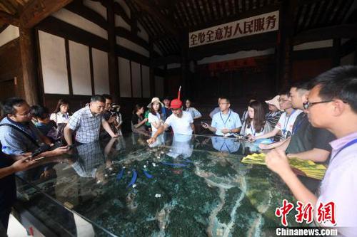 参加活动的记者在福建龙岩市长汀县南山镇的红军长征出发地——中复村采访?！≌疟?摄