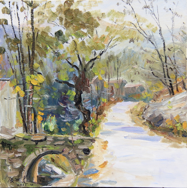 张世健《金井梧桐秋叶黄（博山夹山村）》 50×50cm 布面油画 2012