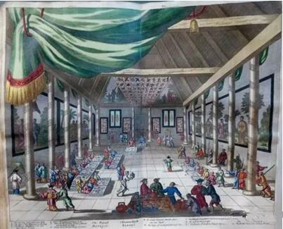 《荷兰人在北京宴席图》 1662年，彩色版画，Olfert Dapper,GedenkwaerdigBedrijf, 1670年