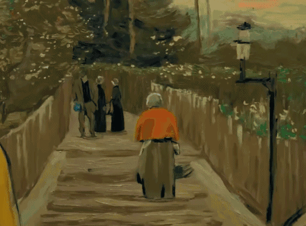 看到动图里穿红色外套的妇人了么？出自《蒙马特的小坡路》。▼