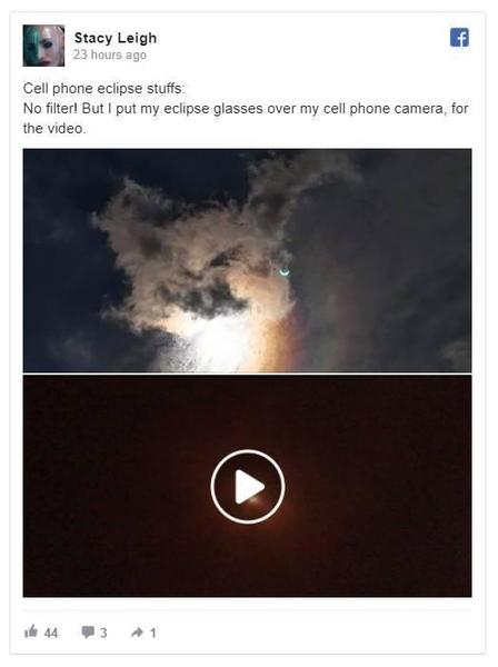 “手机拍摄：没有用滤镜！我将观看日全食专用的眼镜放在手机镜头前拍摄的”。图片：Stacey Leigh的Facebook