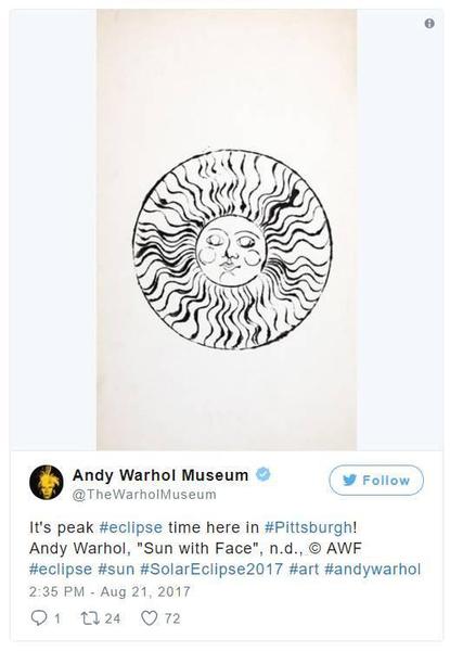 “匹兹堡的日食时间到了！安迪·沃霍尔，《Sun with Face》，n.d。”。图片：Andy Warhol Museum的Instagram