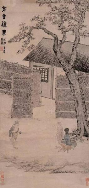 金农《茅舍缫车》，纸本镜心，清代