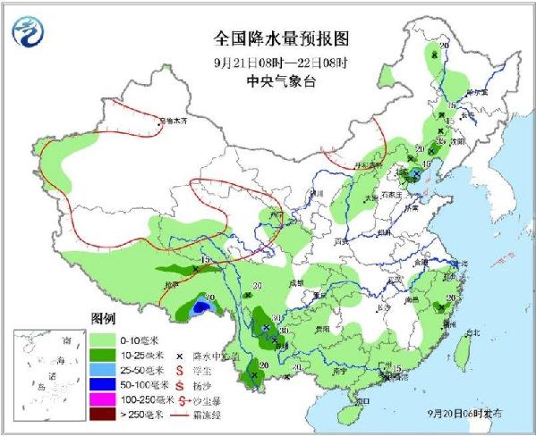 图2 全国降水量预报图(9月21日08时-22日08时) 图2 全国降水量预报图(9月21日08时-22日08时)