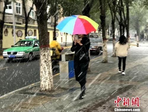 图为9日西宁市区飘起鹅毛般大雪，市民撑伞行走?！∷镱?摄