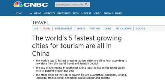 美媒:全球前五大旅游业发展最快的城市全在中国