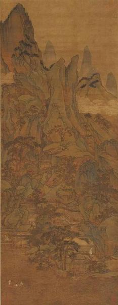 胡廷晖《春山泛艇图》 绢本，青绿设色，纵143cm，横55.5cm，北京故宫博物院藏