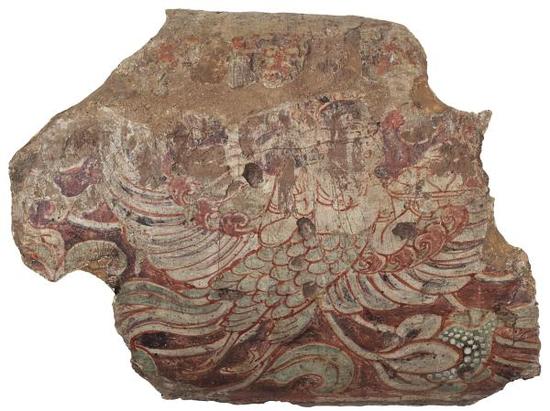 图6 德国柏林亚洲艺术博物馆馆藏库木吐喇窟群区第16窟主室侧壁枭混线上迦陵频伽（照片由柏林亚洲艺术博物馆提供，编号Ⅲ 4444，Jürgen Liepe摄影 ）