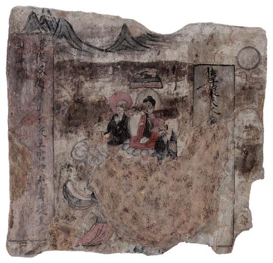 图7 德国柏林亚洲艺术博物馆馆藏库木吐喇窟群区第16窟主室左侧壁观无量寿经变之韦提夫人请佛图（照片由柏林亚洲艺术博物馆提供，编号Ⅲ 9374，Jürgen Liepe摄影 ）