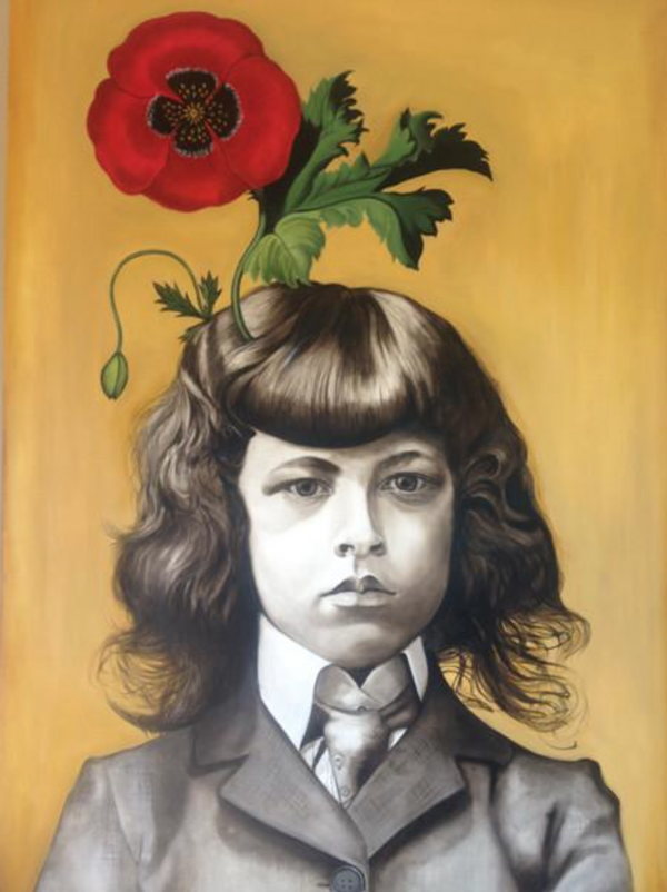Marianna Gartner ，Boy with flowers for brains 3， Oil on canvas， 183x122cm ，2017玛丽安娜·加特纳 《男孩与花3》油画 183x122cm 2017