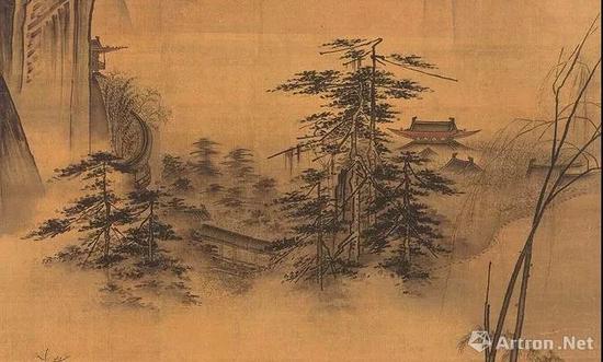 《踏歌图》中影影绰绰的山间建筑，令人心生向往。