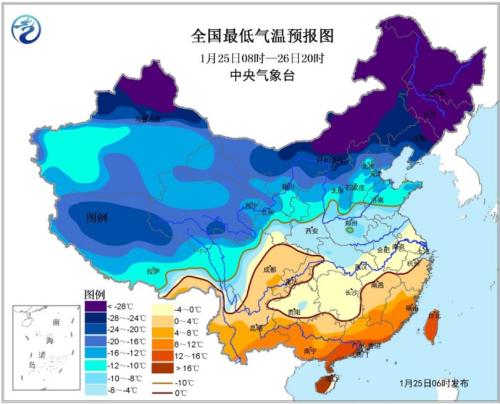 全国最低气温预报图(1月25日08时-26日20时) 点击进入下一页