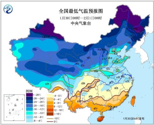 图1 全国最低气温预报图(1月30日08时-2月1日08时) 点击进入下一页