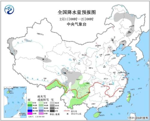 图3 全国降水量预报图(2月1日08时-2日08时) 点击进入下一页