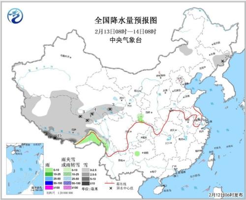 全国降水量预报图(2月13日08时-14日08时) 点击进入下一页
