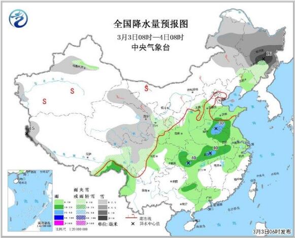 图2 全国降水量预报图(3月3日08时-4日08时) 图2 全国降水量预报图(3月3日08时-4日08时)