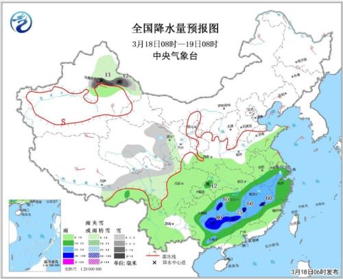全国降水量预报图(3月18日08时-19日08时) 点击进入下一页