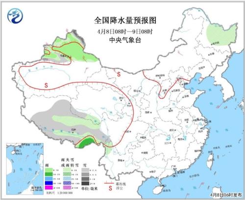 全国降水量预报图(4月8日08时-9日08时) 点击进入下一页