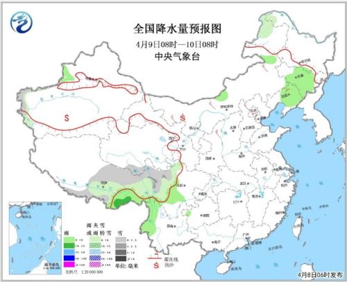 全国降水量预报图(4月9日08时-10日08时) 点击进入下一页