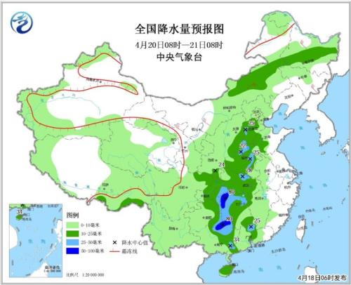 全国降水量预报图(4月20日08时-21日08时) 点击进入下一页