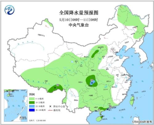 全国降水量预报图(5月10日08时-11日08时) 点击进入下一页