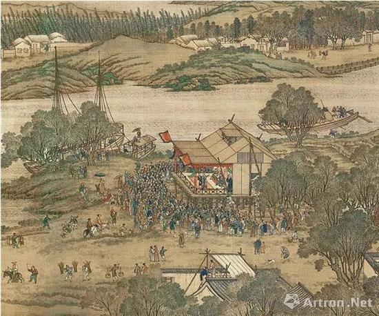 　?。ㄇ澹┏旅?、孙祜、金昆、戴洪、程志道 　　清院本 清明上河图（局部） 绢本设色纵35.6厘米横 1152.8厘米 台北“故宫博物院”藏