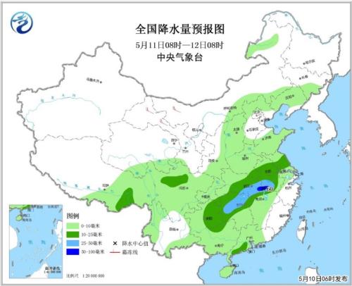 全国降水量预报图(5月11日08时-12日08时) 点击进入下一页