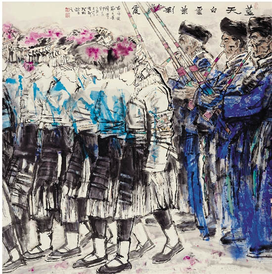 金松 布依族舞步 彩墨纸本 140×140cm