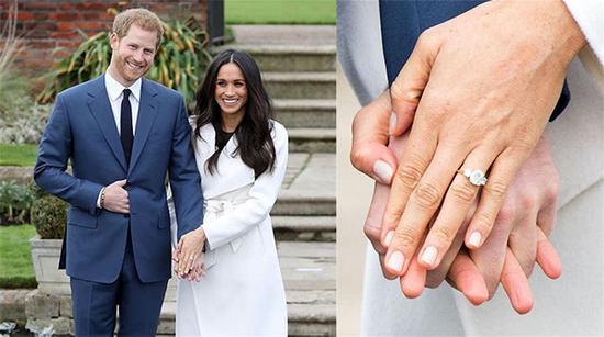 梅根王妃的婚戒主钻来自非洲的博茨瓦纳，这里是两人的定情之地；两侧的钻石则来自戴妃生前珍爱的胸针