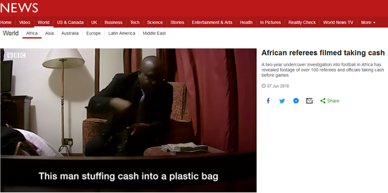 点击查看大图 BBC记者卧底曝猛料:600美元就能贿赂1个世界杯裁判