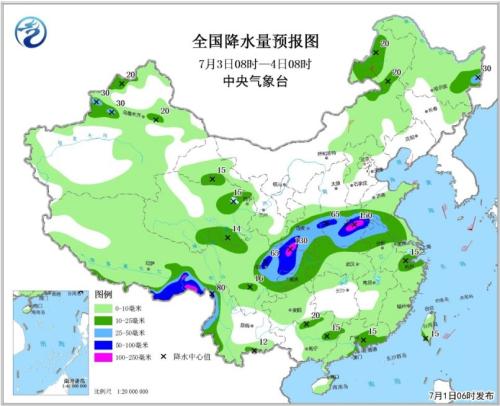 全国降水量预报图(7月3日08时-4日08时) 点击进入下一页