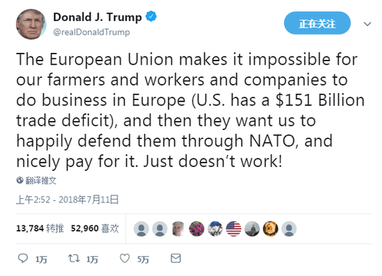 特朗普炮轰欧盟:不利于我们做生意还想要?；?没门