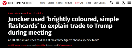 欧盟主席用卡片向特朗普解释贸易 网友:婴儿学字母