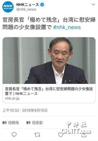 日本不爽慰安妇铜像 台当局秒怂:并未参与