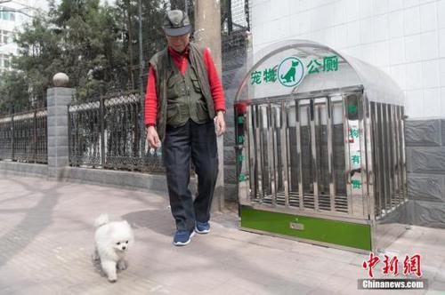资料图:山西省太原市民带领宠物路过街边的“狗狗公厕”。韦亮 摄 点击进入下一页